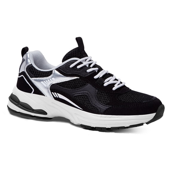 LUCKY STEP Chunky Fashion Mesh Sneakers Casual Running Walking Shoes,Black/Silver,Womens