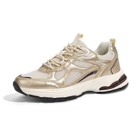 LUCKY STEP Chunky Fashion Mesh Sneakers Casual Running Walking Shoes,Gold/Beige,Womens