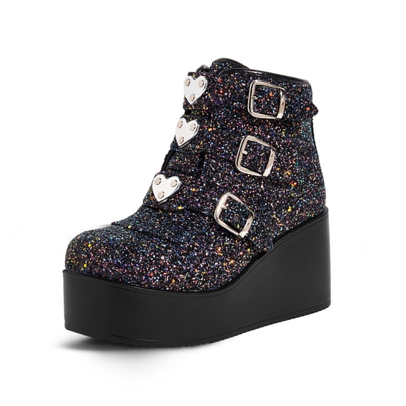 LUCKY STEP Womens Platform Chunky Ankle Boots Round Toe Zipper High Heels Buckle Thick Sole Booties,Black Glitter