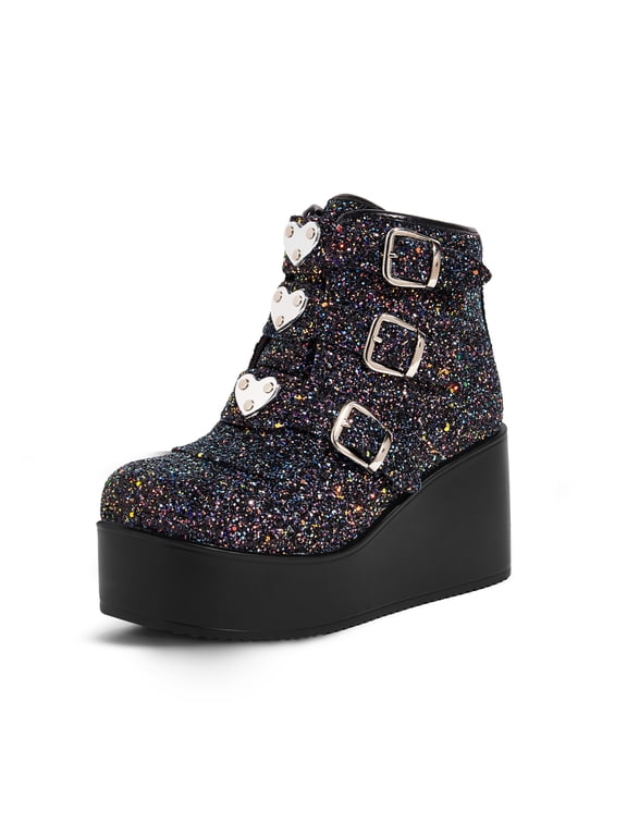 Womens Platform Chunky Ankle Boots Round Toe Zipper High Heels Buckle Thick Sole Booties,Black Glitter