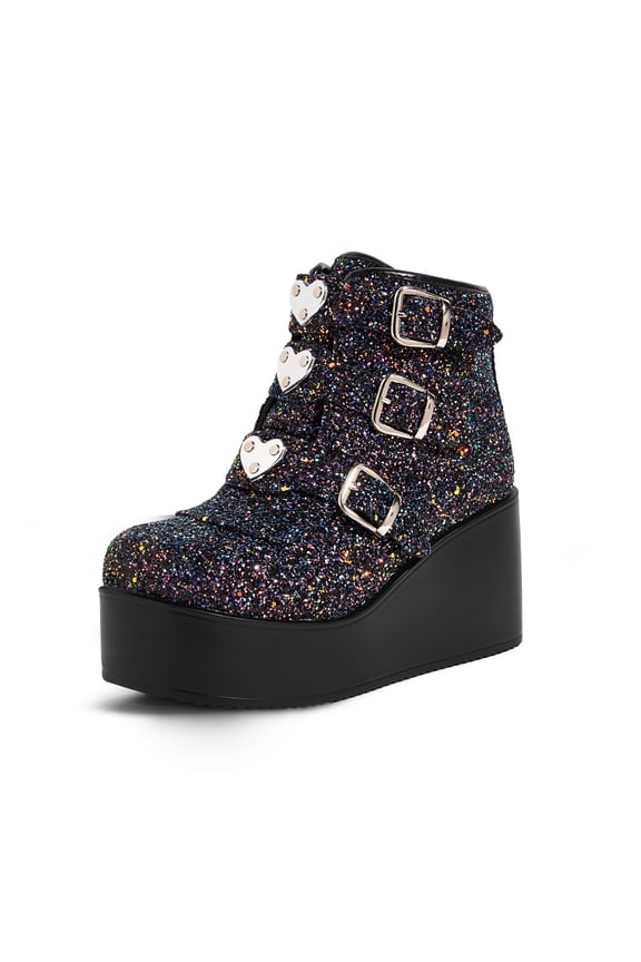 Womens Platform Chunky Ankle Boots Round Toe Zipper High Heels Buckle Thick Sole Booties,Black Glitter