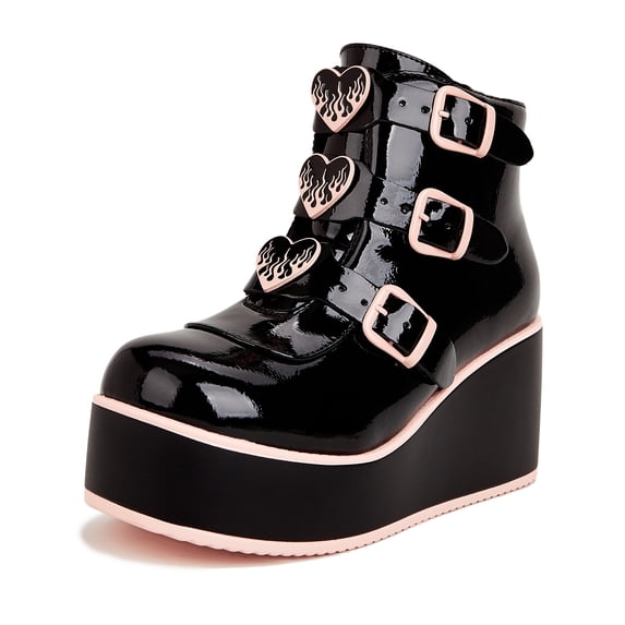 LUCKY STEP Womens Platform Chunky Ankle Boots Round Toe Zipper High Heels Buckle Thick Sole Booties,Black&Pink