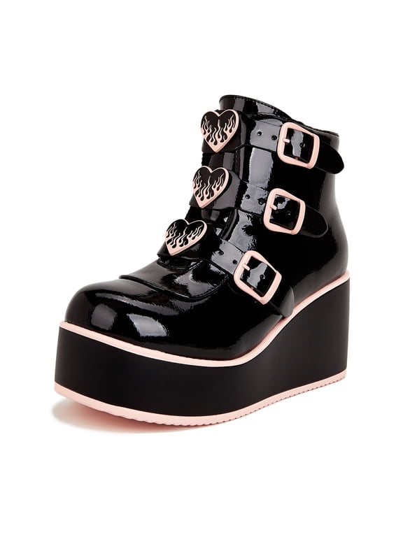 Womens Platform Chunky Ankle Boots Round Toe Zipper High Heels Buckle Thick Sole Booties,Black&Pink