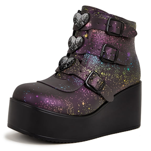 LUCKY STEP Womens Platform Chunky Ankle Boots Round Toe Zipper High Heels Buckle Thick Sole Booties,Navy Reflect