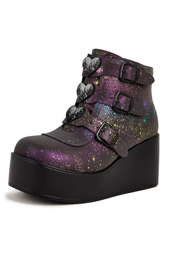 Womens Platform Chunky Ankle Boots Round Toe Zipper High Heels Buckle Thick Sole Booties,Navy Reflect