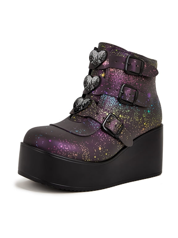 Womens Platform Chunky Ankle Boots Round Toe Zipper High Heels Buckle Thick Sole Booties,Navy Reflect