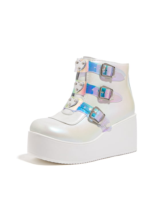 Womens Platform Chunky Ankle Boots Round Toe Zipper High Heels Buckle Thick Sole Booties,White Hologram