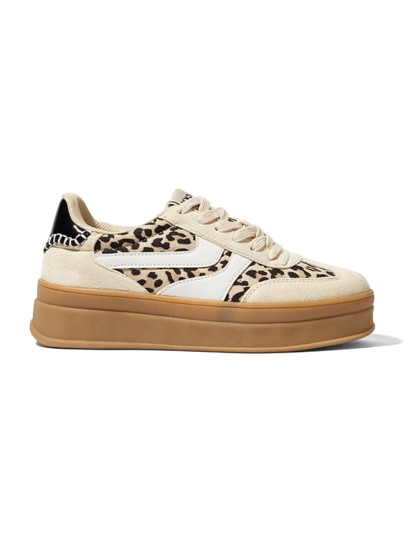 Classic Platform Sneakers Fashion Retro Casual Shoes,Leopard/Beige,Womens