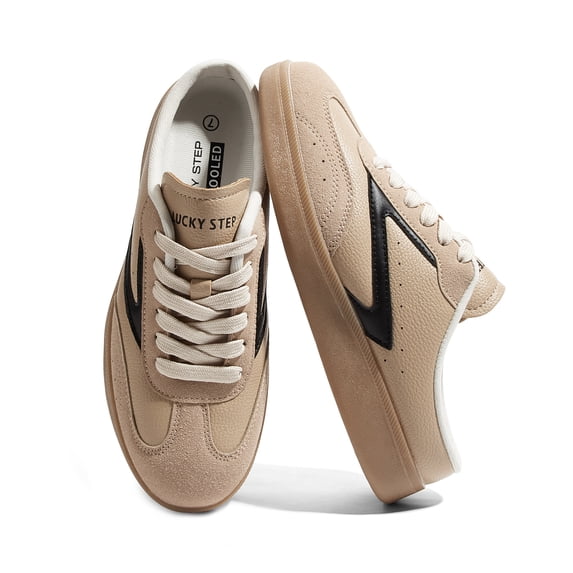 LUCKY STEP Comfort Mules Fashion Backless Slip On Sneakers Retro Casual Shoes,Tan/Black,Womens