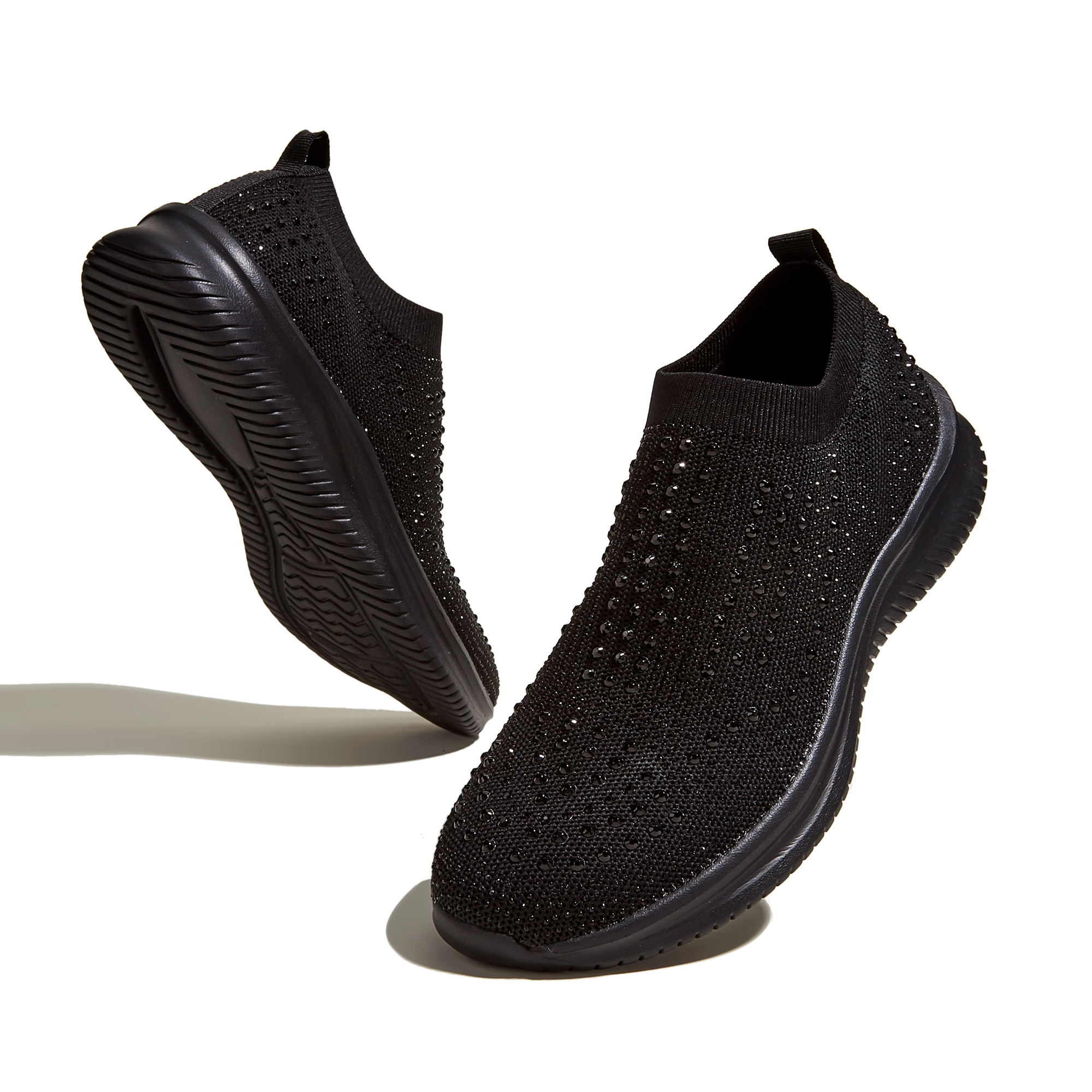 Tenis casuales de malla con rhinestones, transpirables, sin cordones, negros, para mujer