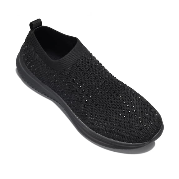 LUCKY STEP Fashion Breathable Rhinestone Sneaker Mesh Slip On Walking Shoes,Black,Womens