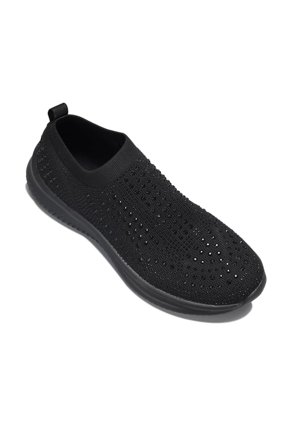 Fashion Breathable Rhinestone Sneaker Mesh Slip On Walking Shoes,Black,Womens