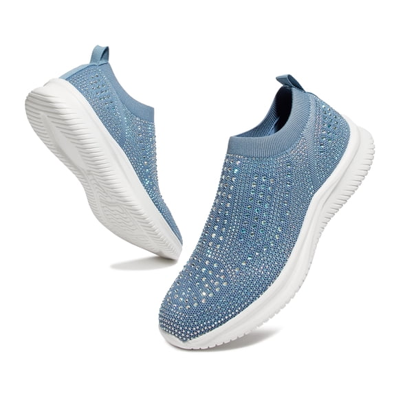 LUCKY STEP Fashion Breathable Rhinestone Sneaker Mesh Slip On Casual Shoes,Blue,Womens