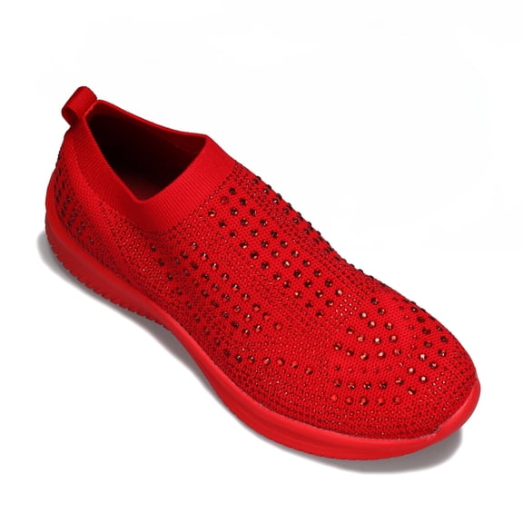 LUCKY STEP Fashion Breathable Rhinestone Sneaker Mesh Slip On Walking Shoes,Red,Womens