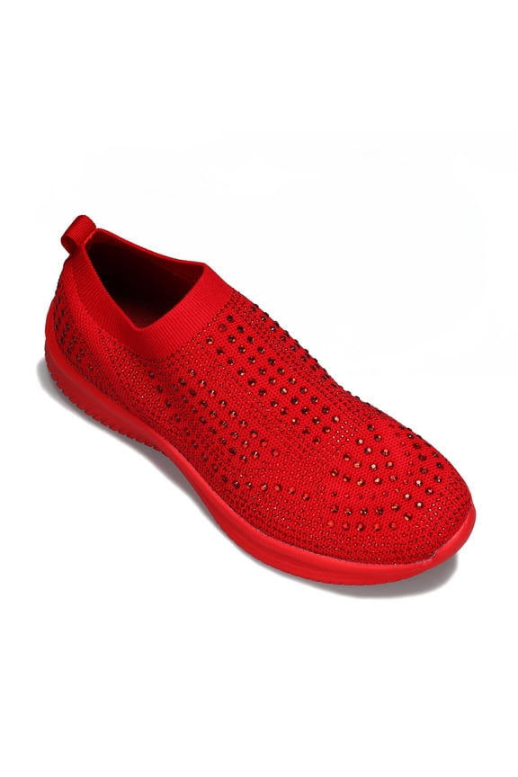 Fashion Breathable Rhinestone Sneaker Mesh Slip On Walking Shoes,Red,Womens
