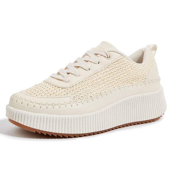LUCKY STEP Fashion Chunky Braided Uppers Uppers Sneakers Platform Casual Shoes,Beige Knit,Womens