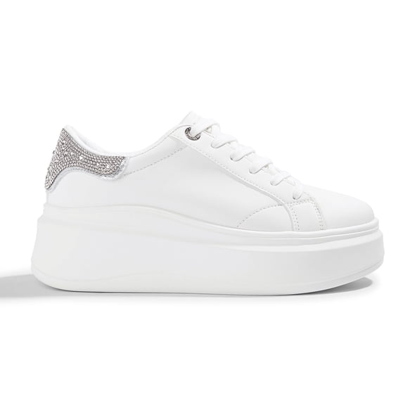 LUCKY STEP Fashion Chunky Faux Leather Sneakers Low Top Casual Shoes,White/Silver Rhinestone,Womens