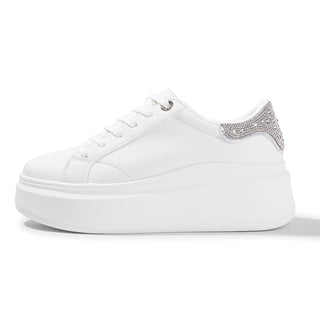 LUCKY STEP Fashion Chunky Faux Leather Sneakers Low Top Casual Shoes,White/Silver Rhinestone,Womens