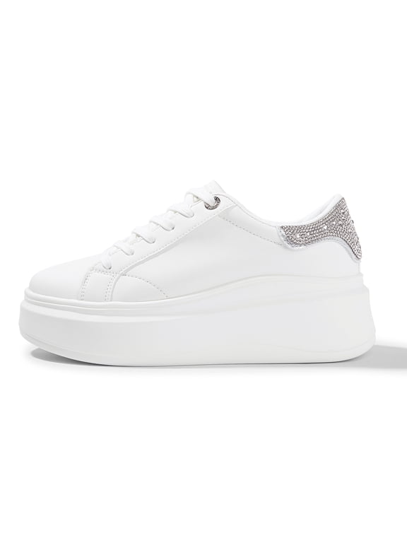 Fashion Chunky Faux Leather Sneakers Low Top Casual Shoes,White/Silver Rhinestone,Womens