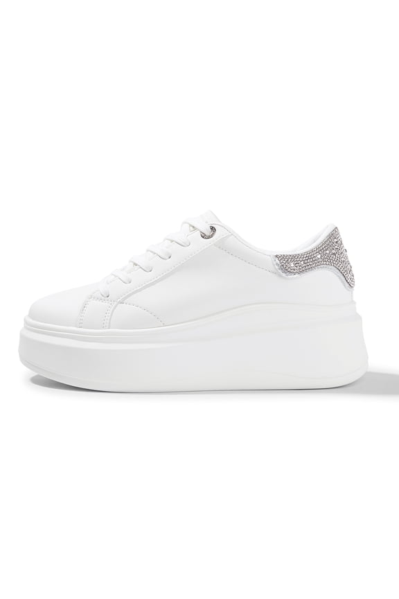 Fashion Chunky Faux Leather Sneakers Low Top Casual Shoes,White/Silver Rhinestone,Womens