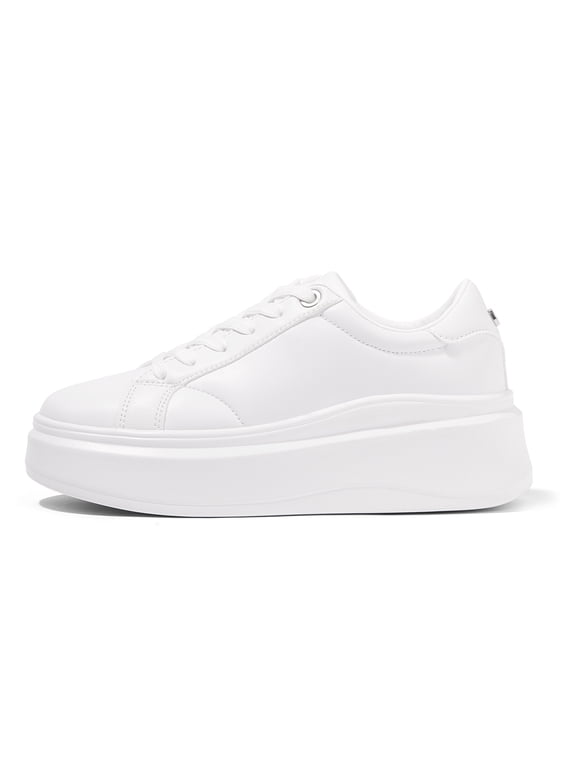 Fashion Chunky Faux Leather Sneakers Low Top Casual Shoes,White,Womens