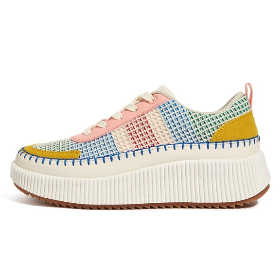 LUCKY STEP Fashion Chunky Retro Braided Uppers Sneakers Platform Casual Shoes,Pink&Yellow multi Knit,Womens