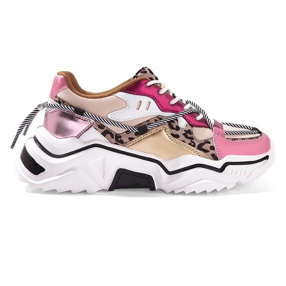 LUCKY STEP Fashion Colorblock Chunky Sneakers Retro Dad Walking Shoes,Leopard/Fushia,Womens