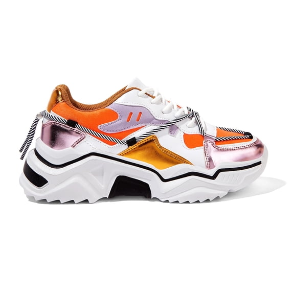 LUCKY STEP Fashion Colorblock Chunky Sneakers Retro Dad Walking Shoes,White/Orange,Womens