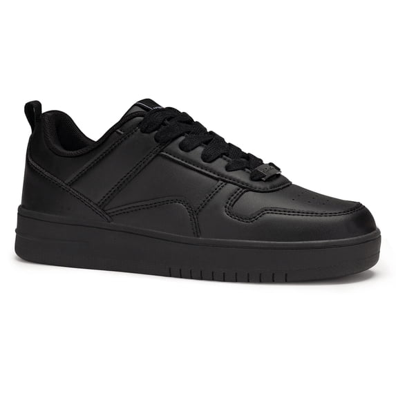 LUCKY STEP Fashion Faux Leather Sneakers Low Top Lace Up Walking Shoes,All black,Womens