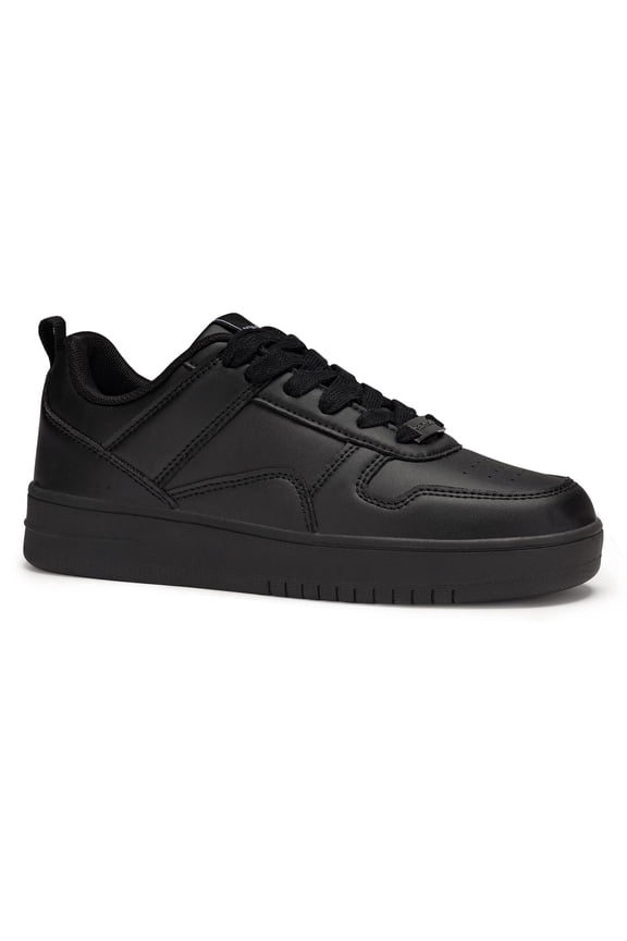 Fashion Faux Leather Sneakers Low Top Lace Up Walking Shoes,All black,Womens