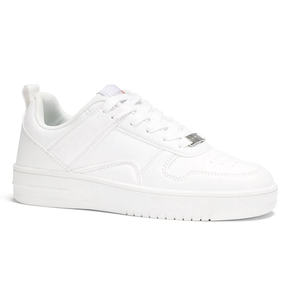 LUCKY STEP Fashion Faux Leather Sneakers Low Top Lace Up Walking Shoes,All white,Womens