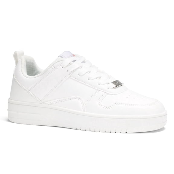 LUCKY STEP Fashion Faux Leather Sneakers Low Top Lace Up Walking Shoes,All white,Womens