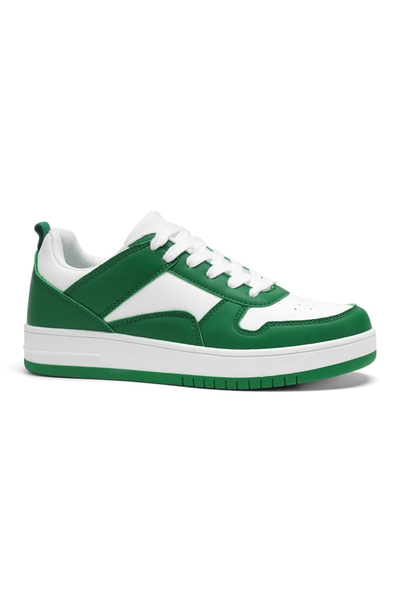 Fashion Faux Leather Sneakers Low Top Lace Up Walking Shoes,Green/white,Womens