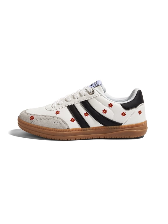 Womens Fashion Floral Embroidery Retro Sneakers Casual Shoes,White&Black