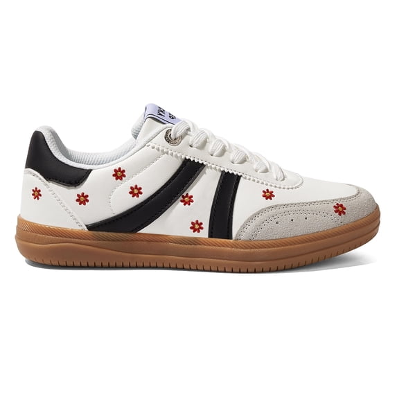 LUCKY STEP Fashion Floral Embroidery Retro Sneakers Casual Walking Shoes,White/Black,Womens