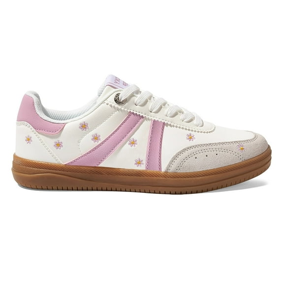 LUCKY STEP Fashion Floral Embroidery Retro Sneakers Casual Walking Shoes,White/Pink,Womens