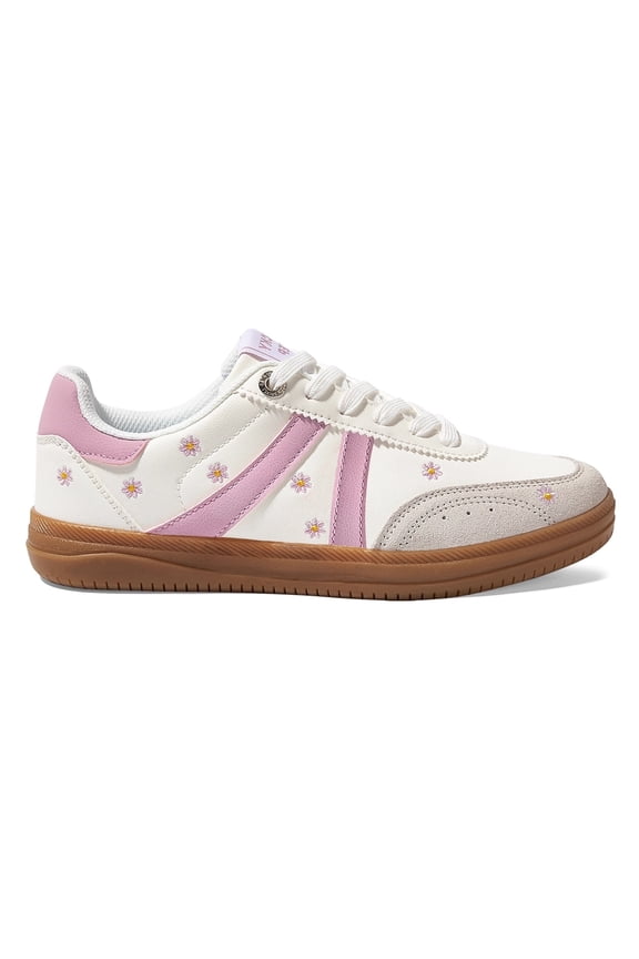 Fashion Floral Embroidery Retro Sneakers Casual Walking Shoes,White/Pink,Womens