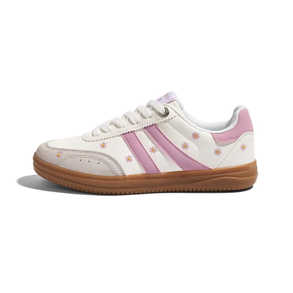 LUCKY STEP Womens Fashion Floral Embroidery Retro Sneakers Casual Shoes,White&Pink