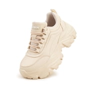 Chunky Sneakers for Women Fashion Platform White Leather Casual Dad Shoes,Beige