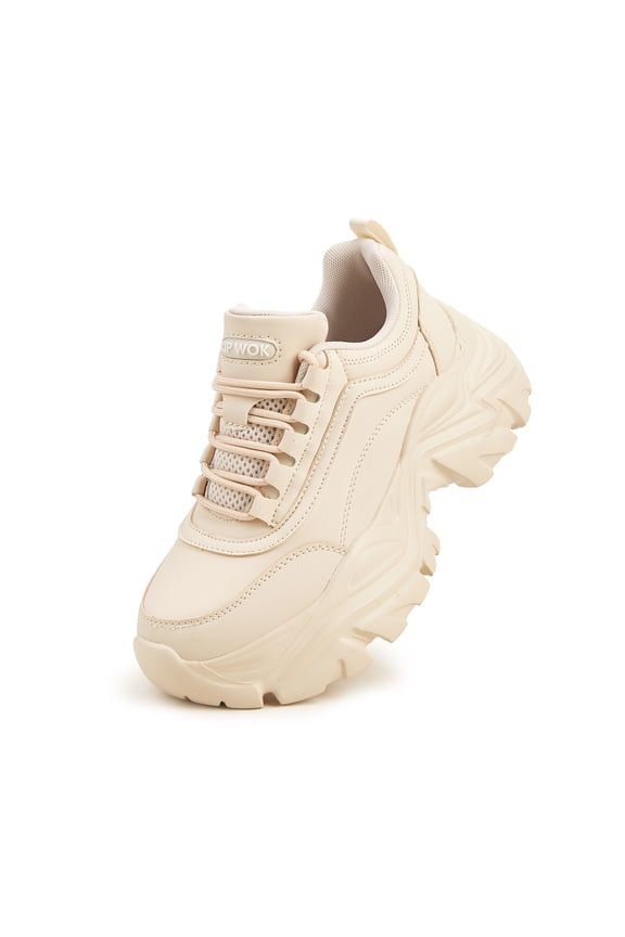 Chunky Sneakers for Women Fashion Platform White Leather Casual Dad Shoes,Beige