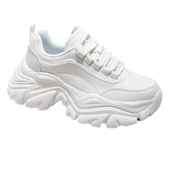LUCKY STEP Fashion Platform Leather Dad Shoes Comfort Walking Sneakers,White,Womens