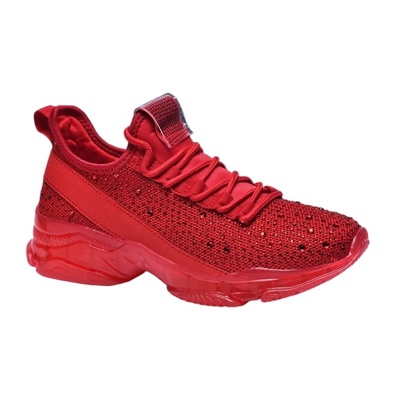 LUCKY STEP Fashion Rhinestone Mesh Sneaker Breathable Glitter Walking Shoes,Red,Womens