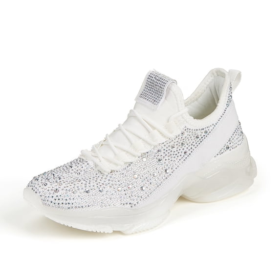 LUCKY STEP Fashion Rhinestone Mesh Sneaker Breathable Glitter Walking Shoes,White Hologram,Womens
