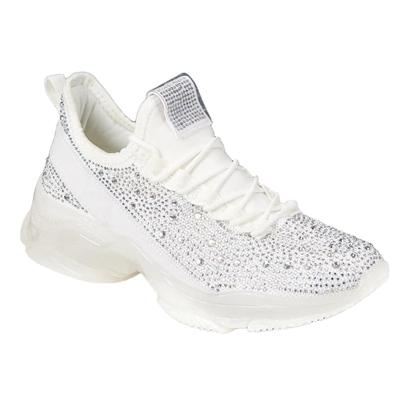 LUCKY STEP Fashion Rhinestone Mesh Sneaker Breathable Glitter Walking Shoes,White Hologram,Womens