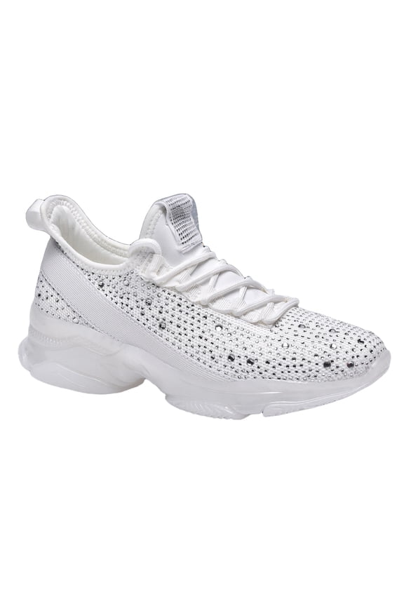 Fashion Rhinestone Mesh Sneaker Breathable Glitter Walking Shoes,White,Womens