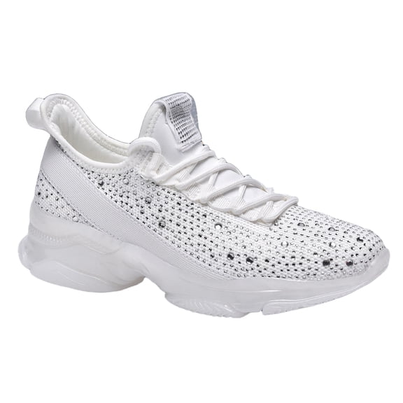 LUCKY STEP Fashion Rhinestone Mesh Sneaker Breathable Glitter Walking Shoes,White,Womens