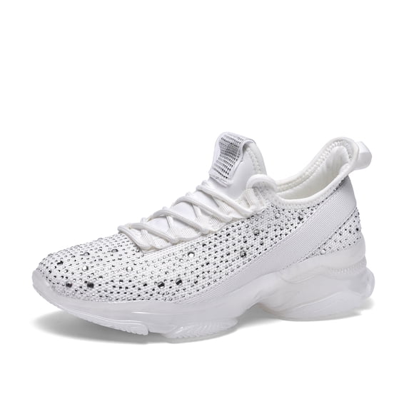 LUCKY STEP Fashion Rhinestone Mesh Sneaker Breathable Glitter Walking Shoes,White,Womens