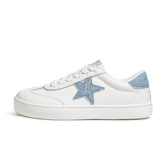 LUCKY STEP Womens Fashion Star Sneakers Wide Toe Lace Up Casual Shoes,White&Denim Blue