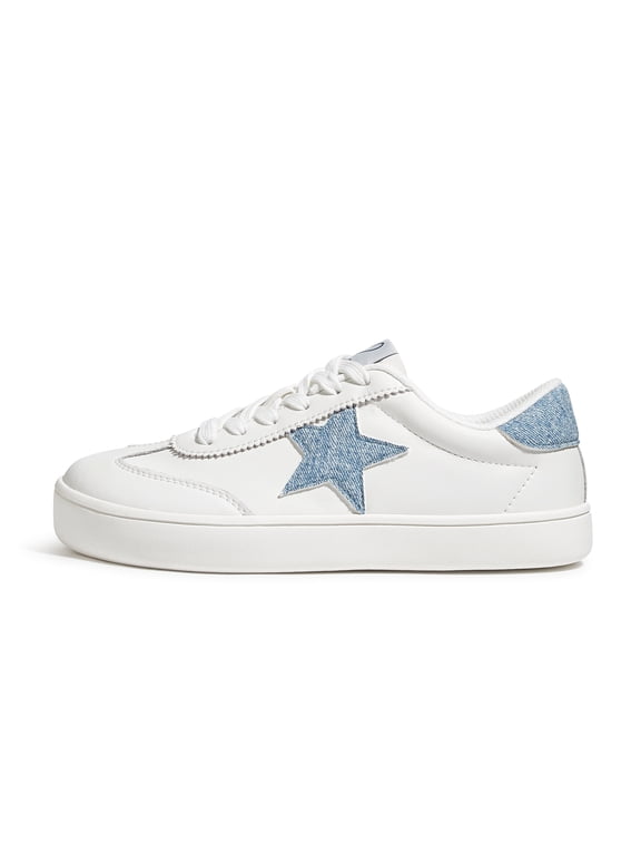 Womens Fashion Star Sneakers Wide Toe Lace Up Casual Shoes,White&Denim Blue