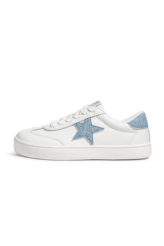 Womens Fashion Star Sneakers Wide Toe Lace Up Casual Shoes,White&Denim Blue